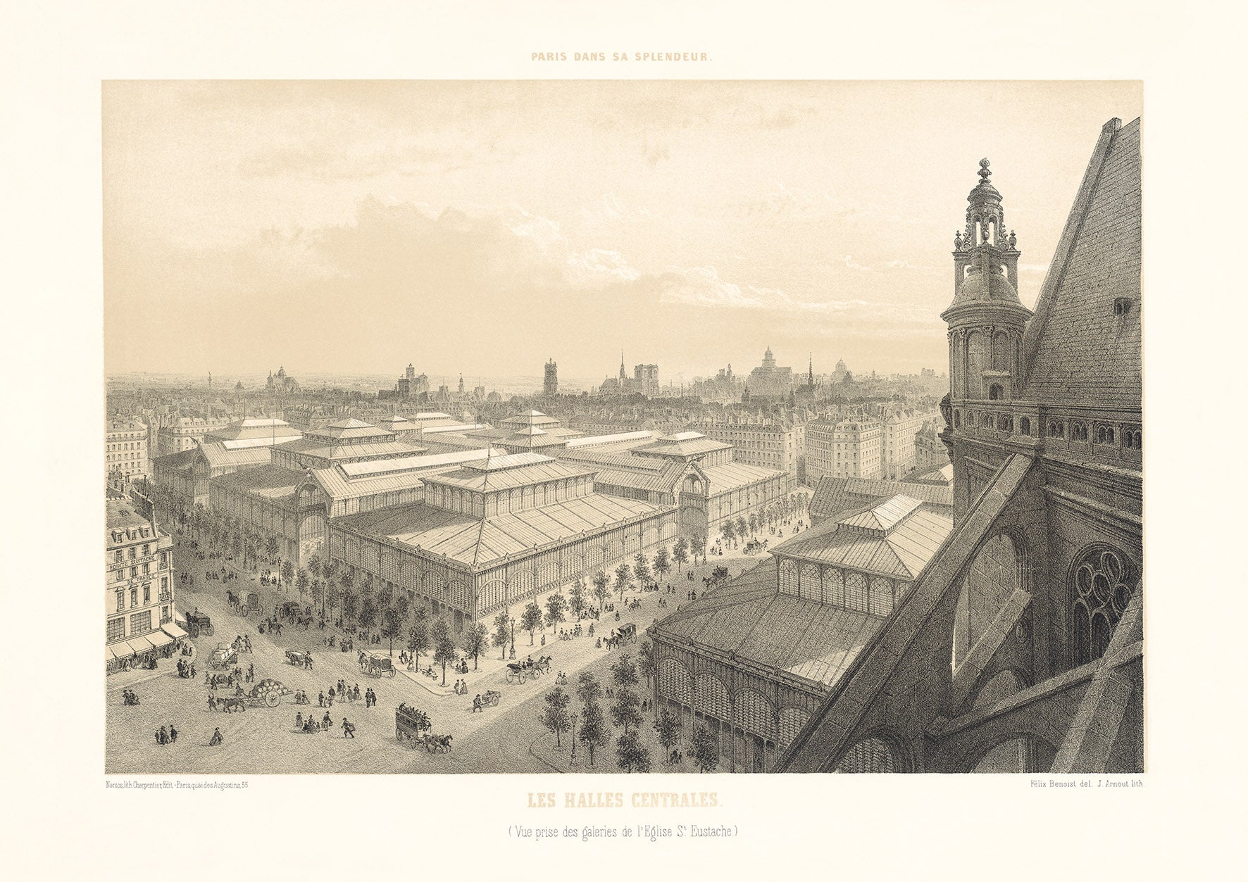 LES HALLES CENTRALES - PARIS LITHOGRAPH, C.1860