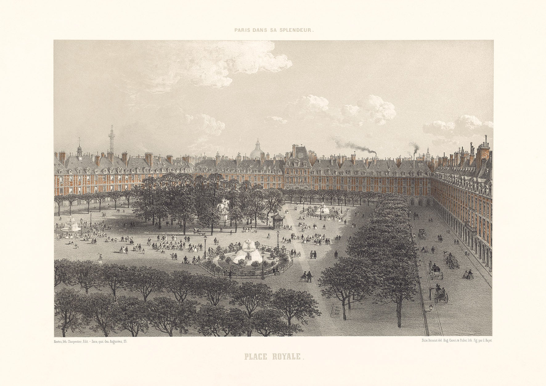 PLACE ROYALE (PLACE DES VOSGES) - PARIS LITHOGRAPH, C.1860